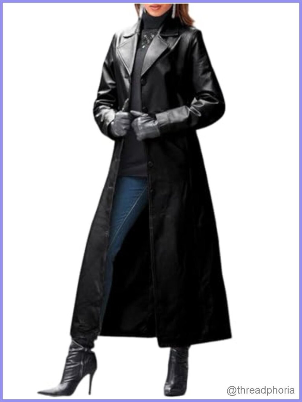 Faux Leather Trench Coat Classic Lapel Button Down Maxi Overcoat